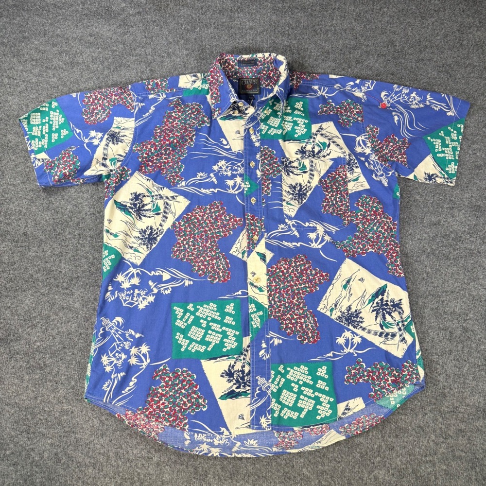 Chaps Ralph Lauren Tropical Island Floral Print Shirt Large Blue Mens Vintage L